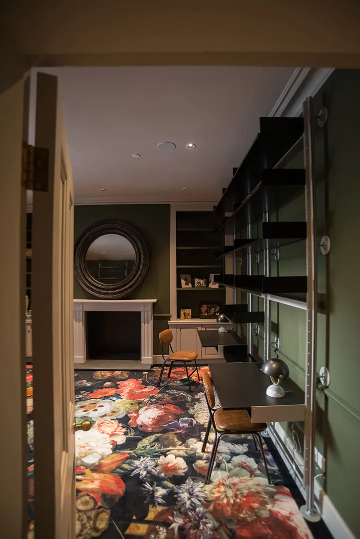 Bespoke library and richly patterned interior finishes